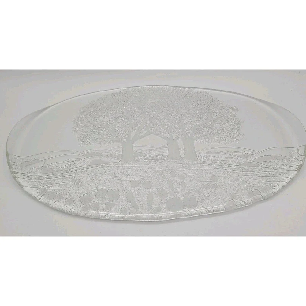 Kosta Boda Vtg Crystal Art Glass Plate Tray Platter Forest Holiday Gift BIG